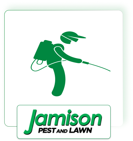Jamison Pest and Lawn logo featuring green exterminator silhouette with spray equipment