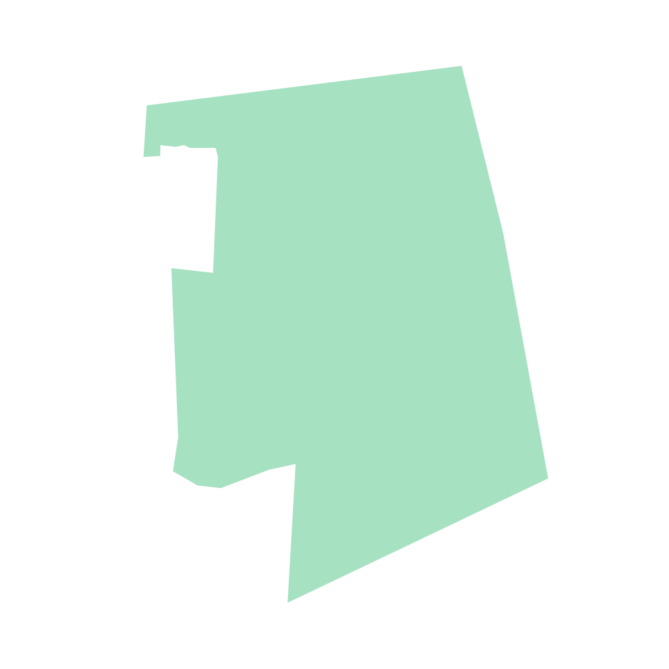 Green silhouette map of Alabama state outline on white background